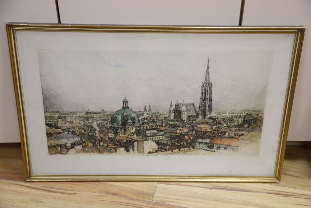 Luigi Kasimir (1881-1962), coloured etching, View of Viennese roof tops, signed in pencil, overall 47 x 77cm